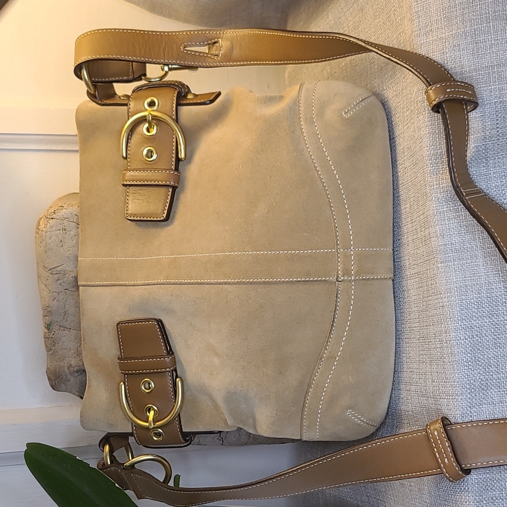 Coach Shoulder Tan /Brown Suede/Leather Hobo Bag 11"L x 2"W x 10.5"H